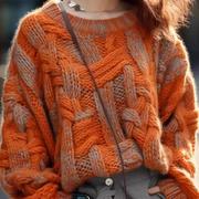 秋冬橘黄色毛衣韩版中长款气质针织时尚宽松慵懒风圆领女士毛衣
