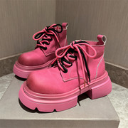 马丁靴女2024年粉色真皮系带大头机车，靴大黄靴，工装靴小众设计短靴