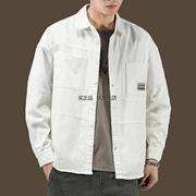 设计感重磅工装衬衫男春秋美式纯棉白色，长袖夹克衬衣外套复古