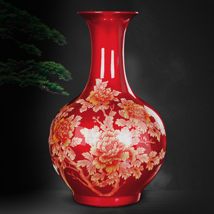 景德镇陶瓷器中国红色花瓶摆件插花中式家居客厅装饰品工艺品摆设