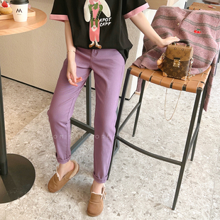 兔美善韩国女装24春新春季紫色，高腰净版小脚裤哈伦牛仔裤