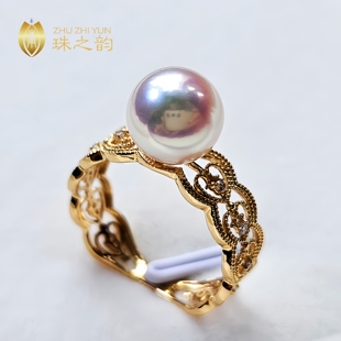 镜面极光天女akoya日本天然海水珍珠戒指，18k金钻石(金钻石)蕾丝指环正圆高