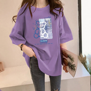 紫色宽松t恤女中长款短袖，纯棉卡通印花洋气半袖，上衣2024夏季韩版