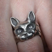 小众设计分体堆叠猫猫戒指 银色小猫咪组合戒指套装男女潮手饰