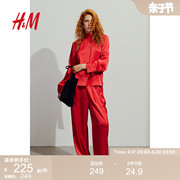 hm女装休闲裤夏季红色，休闲宽松缎面，质感阔腿裤1155255