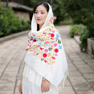 西藏尼泊尔刺绣花仿羊绒女士大披肩民族风保暖围巾加厚两用春秋冬