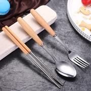榉木柄不锈钢餐具套装日式便携式餐具，勺叉筷子三件套学生勺筷套装