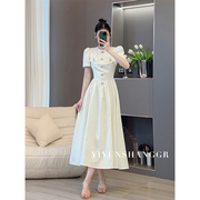 白色复古圆领短袖连衣裙女夏季长裙，法式高级感气质赫本风礼服裙子