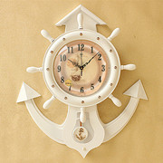 船舵船锚创意个性欧式实木静音挂钟表石英客厅大号时尚复古钟挂表