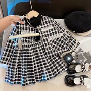 女童时尚小香风格子，套装2024春季韩版儿童圆领外套+半身裙潮