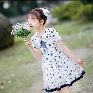 女童夏款圆点连衣裙2024韩版洋气时髦娃娃领中大童百搭公主裙