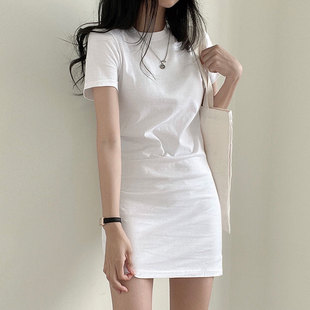 韩国chic极简主义 春夏气质圆领纯色修身包臀短袖T恤连衣裙短裙女