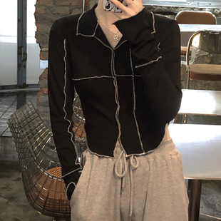 超火polo衫长袖t恤女秋季韩版设计感小众，不规则开衫修身外套ins潮