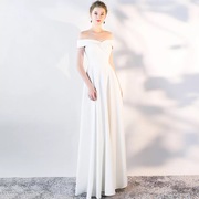 晚礼服女2024订婚宴会高端一字，肩白色晚装，显瘦长款连衣裙年会