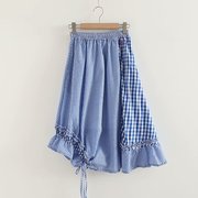 海边系列 蓝色格子不规则拼接抽绳伞裙半身裙学生女