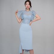 两件套2024夏装韩版修身蕾丝上衣收腰时尚包臀裙套装女