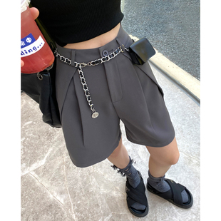 灰色西装短裤女夏季高腰a字休闲中裤黑色直筒五分裤2022新设计款