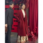 24年韩版酒红色大衣女结婚呢子双面羊毛秋冬美感新娘毛呢外套可