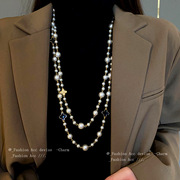 镶钻花朵珍珠长款项链复古时尚设计感毛衣链小众高级感饰品女