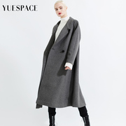 悦空间超长款羊毛呢子大衣灰色西装领宽松大码时尚气质高端女外套