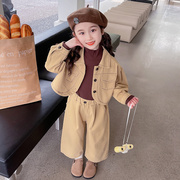 女童春款韩版套装，2024儿童女宝宝洋气，时髦春装纯色牛仔三件套
