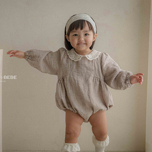 韩国hibyebebe春女宝宝，纯棉蕾丝花边领爬服小童连衣裙