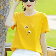 纯棉黄色短袖t恤女士体恤2024年夏装宽松夏季女装上衣服正肩