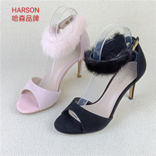 哈森品牌夏季真皮细跟圆头高跟鞋水貂毛一字扣露趾凉鞋女
