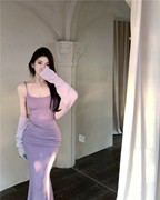 紫色吊带连衣裙女夏季纯欲风性感内搭裙子中长款鱼尾裙紧身包臀裙