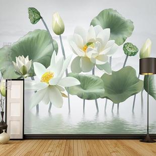 新中式禅意莲花壁纸电视背景墙布3D立体水墨荷花沙发茶室墙纸壁画