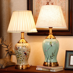 新中式陶瓷台灯家用卧室客厅，书房装饰美式复古典温馨浪漫床头柜灯