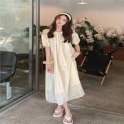 韩国2024夏季韩版宽松露肩气质泡泡袖长款雪纺氛围感短袖连衣裙女