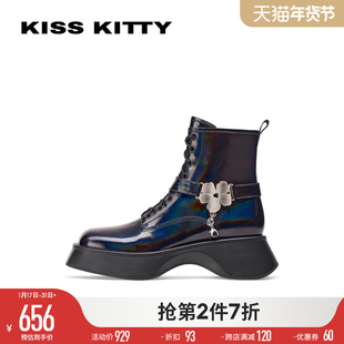 KISSKITTY黑色马丁靴女秋冬骑士靴皮带扣加绒厚底短靴SA32716-39