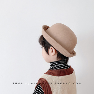韩国儿童帽子英伦时尚男童圆顶小礼帽毛呢女宝宝，洋气造型时装帽潮
