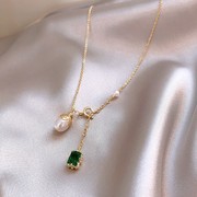 祖母绿宝石珍珠吊坠项链韩国时尚优雅锁骨链ins法式网红气质颈链