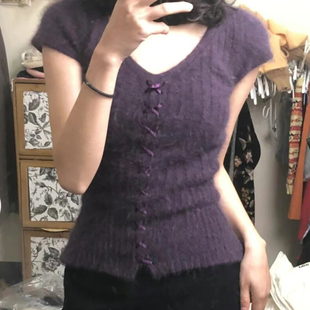 紫色毛茸茸针织衫修身上衣甜美显瘦少女交叉带百搭短袖毛衣女春季
