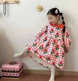 !韩国童装ins风婴儿，宝宝女童红色格子樱桃，娃娃领连衣裙裙子