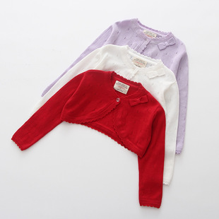 女童短款针织开衫红色棉线，儿披肩春秋外搭空调，衫防晒服宝宝小外套