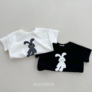 韩国进口童装简约卡通小兔子纯棉，短袖t恤夏季黑白色半袖上衣