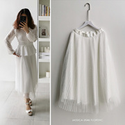 欧美白色精致质感波点蕾，丝网纱三层百褶纱裙长款半身裙伞裙