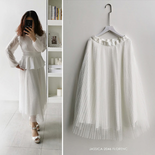 欧美白色精致质感波点蕾丝网纱三层百褶纱裙长款半身裙伞裙