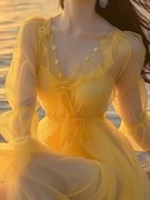 黄色雪纺连衣裙春装女2024年沙滩裙女海边度假超仙法式长裙子
