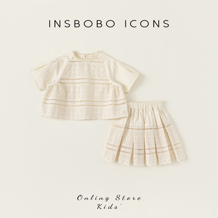 INSbobo女童短裙套装个性镂空儿童春装2024女宝短袖两件套