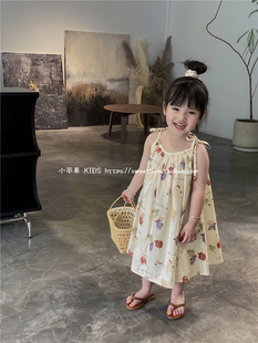 小苹果2024夏韩国(夏韩国)版女童宝宝可爱卡通，印花连衣裙儿童吊带背心裙潮