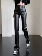黑色皮裤女2023秋冬加长版高腰，休闲垂感修身直筒裤，pu皮西装裤