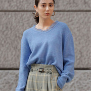 日本海外直邮2023秋季女装V领蕾丝休闲时尚女人味套头针织衫