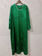 重磅缎面收藏品真丝提花宽松纯色v领套头长袖连衣裙优雅裙子 绿野