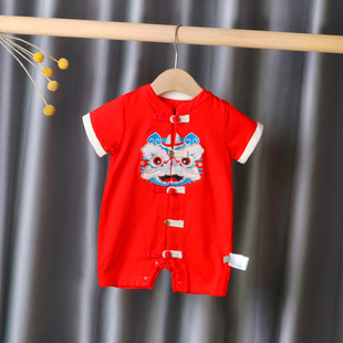 婴儿短袖连体衣男宝宝中国风新年衣服喜庆红色满月过年拜年女薄款
