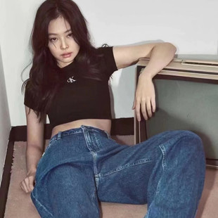 CK Jeans 2024夏季女士短袖简约刺绣小logo螺纹短款T恤衫