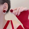 s925银针红色玫瑰花耳环女网红珍珠耳钉2023年潮新娘订婚耳饰